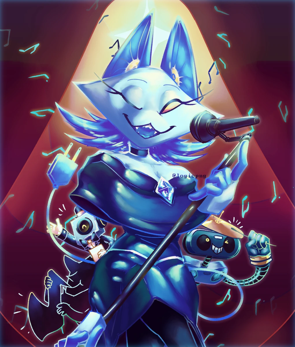 Diogital illustration of Tasque Manager in the dress from the Cafe with a microphone, Sweet, K_K, and a Shadowguy performing behind her.